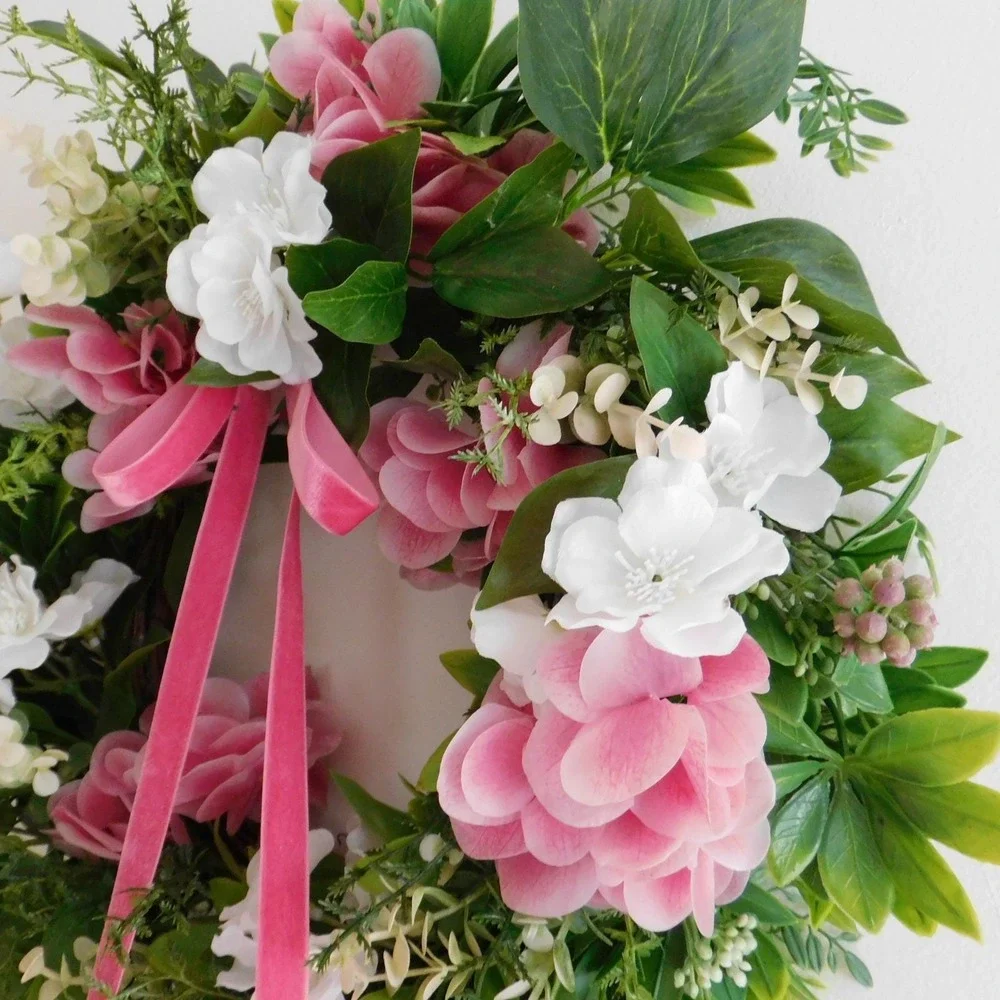 Pink Hydrangea Wreath, Spring,‎ Summer Front Door, Whites, Berries